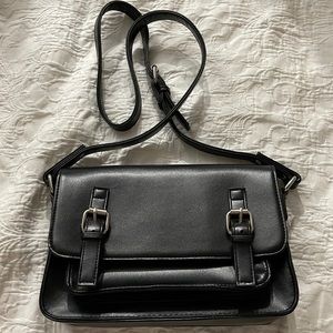 Black and Silver Buckle Crossbody Bag with Magnetic Clasps